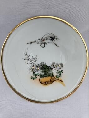 Vintage Japanese Porcelain Sake Cup | Crane & Tortoise Longevity Symbol Bowl
